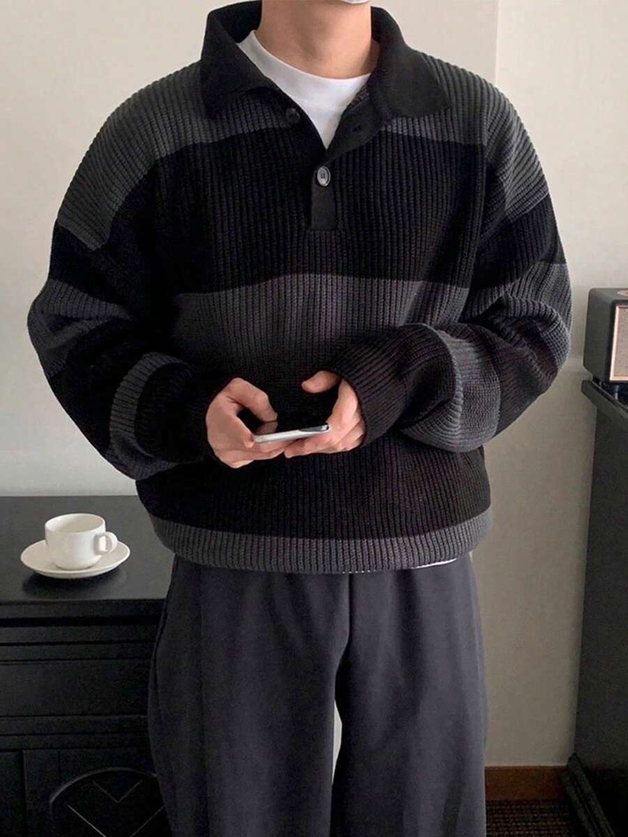 Men's American Street Style Korean Business Casual Commute Versatile Striped Pullover Knit Sweater, Fall/Winter