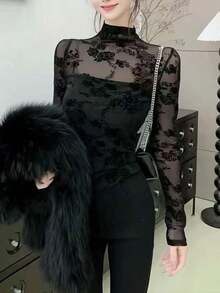 Francés picante chica sexy hueco diseño medio cuello alto encaje bottoming camisa otoño e invierno nuevo Slim blusa delgada blusas elegantes dama - Negro - Ver 5