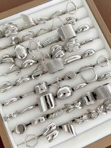 （无盒）8枚/15枚/24枚随机款式朋克戒指套装 - 前卫哥特风工业时尚饰品，可叠戴，金属涂层，不含包装盒 - 适合日常佩戴及特殊场合 - 女士朋克饰品系列 - 銀色 - 查看 3