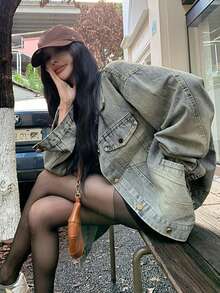Y2K Limited Edition Oversized Vintage Distressed Washed Denim Blue Jacket, Loose Fit For Women, Autumn/Winter Casual Spring - Medium Wash - View 3