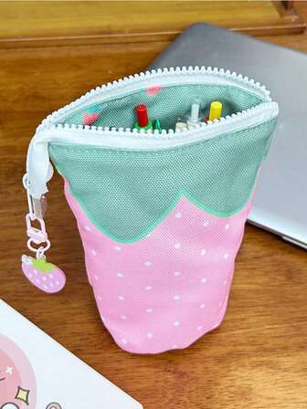 This Adorable Strawberry-Shaped Pencil Case/Stationery Organizer (1 Piece) Features A Pink And Green Color Scheme And Is Made Of Durable Faux Fabric Material. Suitable For School, Office, And Travel Use. A Portable Writing Instrument Organizer And Office Accessory, Its Sturdy Construction Makes It An Essential Item For The Workplace.