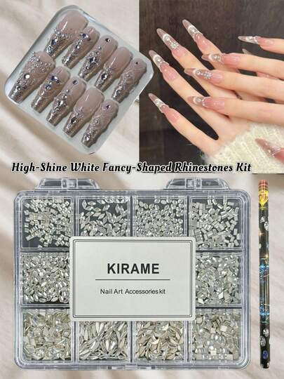  Bộ 1200 viên đá đính móng tay KIRAME màu trắng, đáy phẳng, chất lượng cao - Bao gồm 1 bút chấm, đá đính móng tay lấp lánh kích thước 1-6mm, thích hợp cho việc tự làm móng tại nhà, tiệm nail, dụng cụ làm móng, quà tặng Giáng sinh, Năm mới, Ngày Valentine, quà tặng ngày lễ