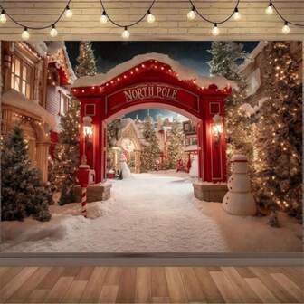 1 Red Christmas Arctic Snow Village Background Cloth, Winter Wonderland Scene With Santa's House, Snowscape And Twinkling Lights, Perfect For Indoor/Outdoor Holiday Parties, Photo Backdrops, Christmas Events, Winter Christmas Themed Background, Christmas Background Cloth, Snowman Themed Background, Merry Christmas Photo Background