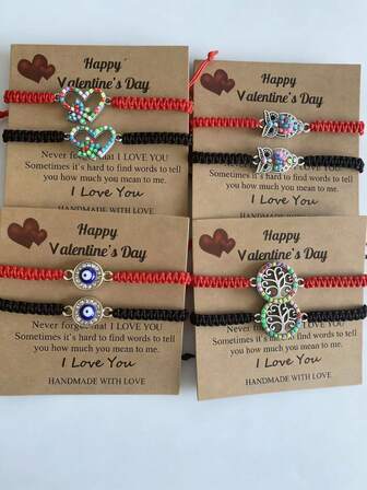 1 Set (2 piezas) Pulseras de pareja trenzadas hechas a mano con diseño minimalista de corazón y mariposa para el Día de San Valentín, con dije de árbol de la vida y ojo malvado