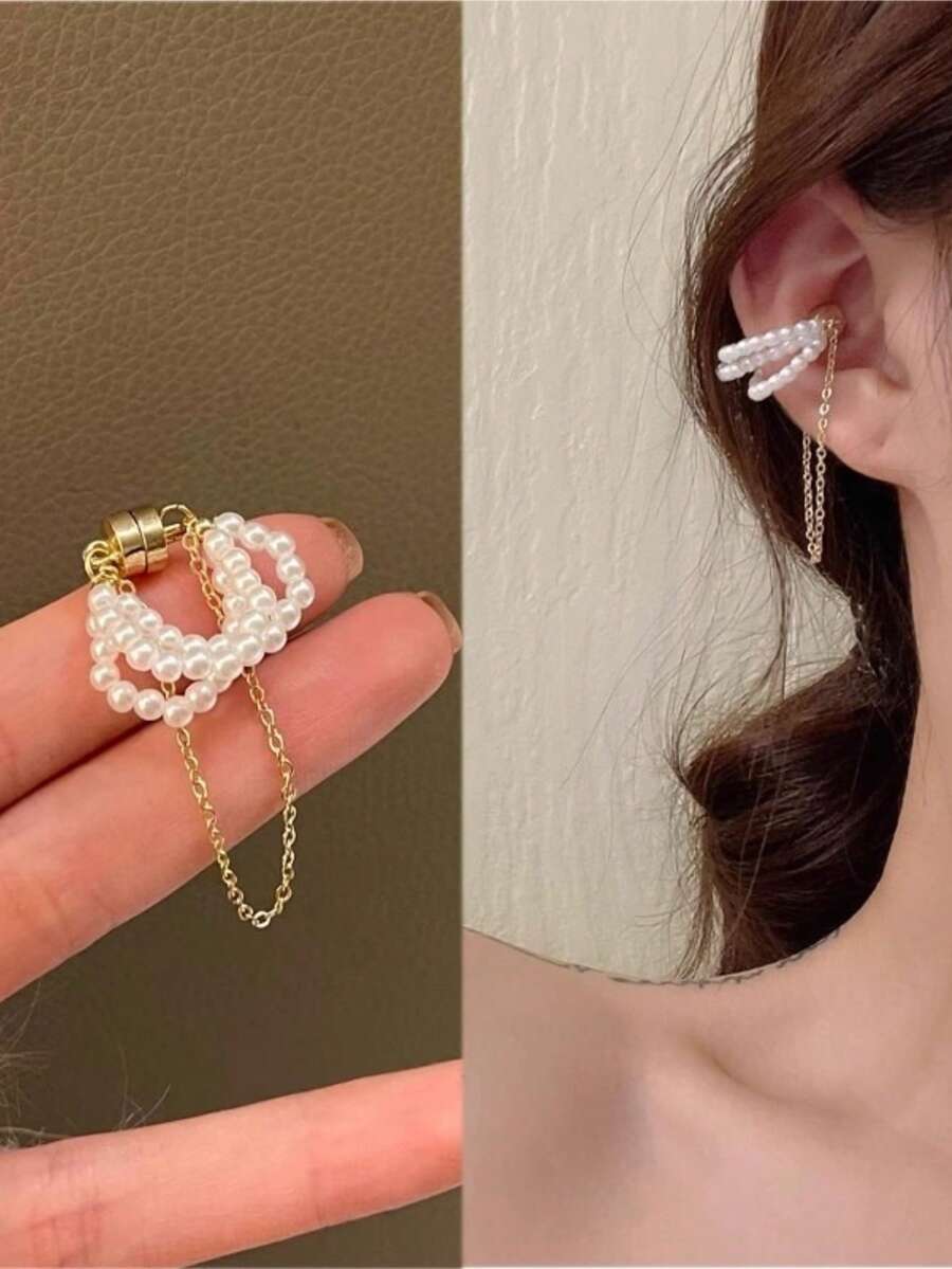 1pc Fashionable Resin Faux Pearl Ear Cuff, Casual Party Outfit Accessory & Gift For Girls - Single Ear Clip - View 1