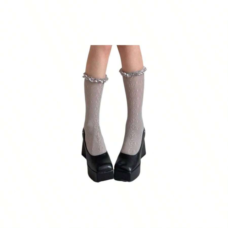 Medias de red para mujer, medias altas hasta la rodilla, con volantes y encaje ahuecado, medias de malla transparente, calcetines de malla con volantes sobre la pantorrilla - inicial - Ver 1