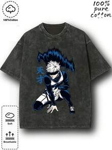 Couple's Vintage Washed Short-Sleeved Printed T-Shirt, Featuring A Round Neck, Regular Length, And Adorned With Gojo's Fighting Stance And The Word "Genius".With A Regular Hem, It Embodies The  And Cool Style Of "Jujitsu Kaisen" - màu đen - Xem 2