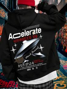 MenS Street Style Hoodie With Metallic UFO Print,Casual Polyester Pullover With Drawstring,Long Sleeve,Hooded Sweatshirt For Fall/Winter - Default - View 1