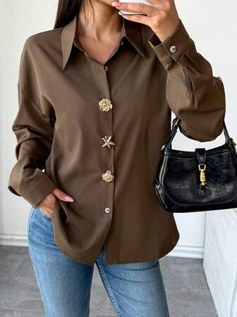 Women's Elegant Long Sleeve Button Front Shirt, Shirt Collar, Striking Floral Starfish Button Decor, Versatile Long Sleeve Blouse For Everyday Wear