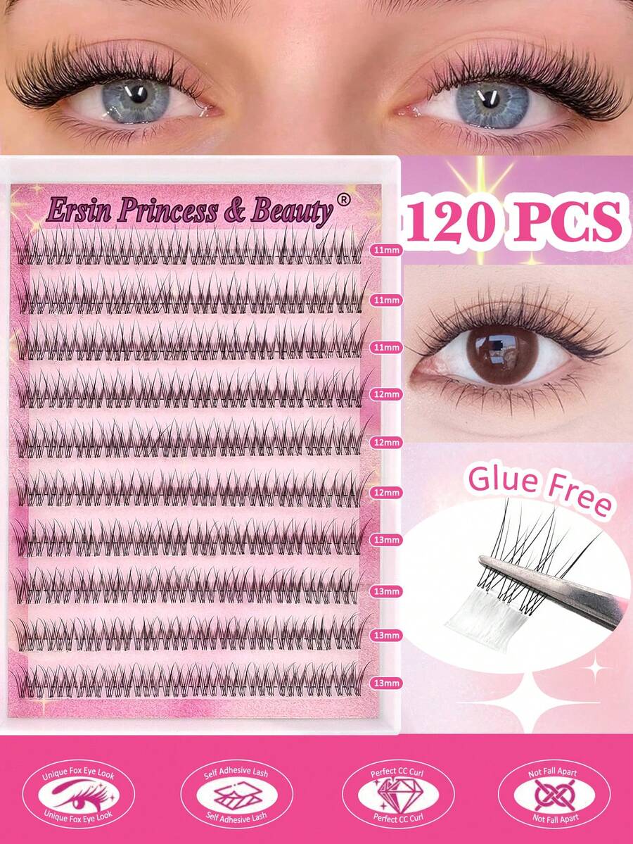 120pcs Self-Adhesive Fluffy False Eyelash Clusters, 11-13mm Mixed Length Set, No Glue Needed, Fluffy Individual Lashes, Self-Adhesive DIY Eyelash Extension, Pre-Glued Lash Clusters, Natural Lengthening C-Curl Lash Clusters, No Glue Or Makeup Remover Required, False Eyelashes - Black - View 1