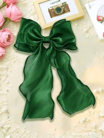 1 PC Women Hair Bow Dark Green Mesh Haiar Ribbon Bow With Curly Tails Elegant And Gentle Hair Barrette Bow Hair Clip Hair Accessory For Women Daily Wear, Claw Clips, Hair Slide, Hair Barrettes