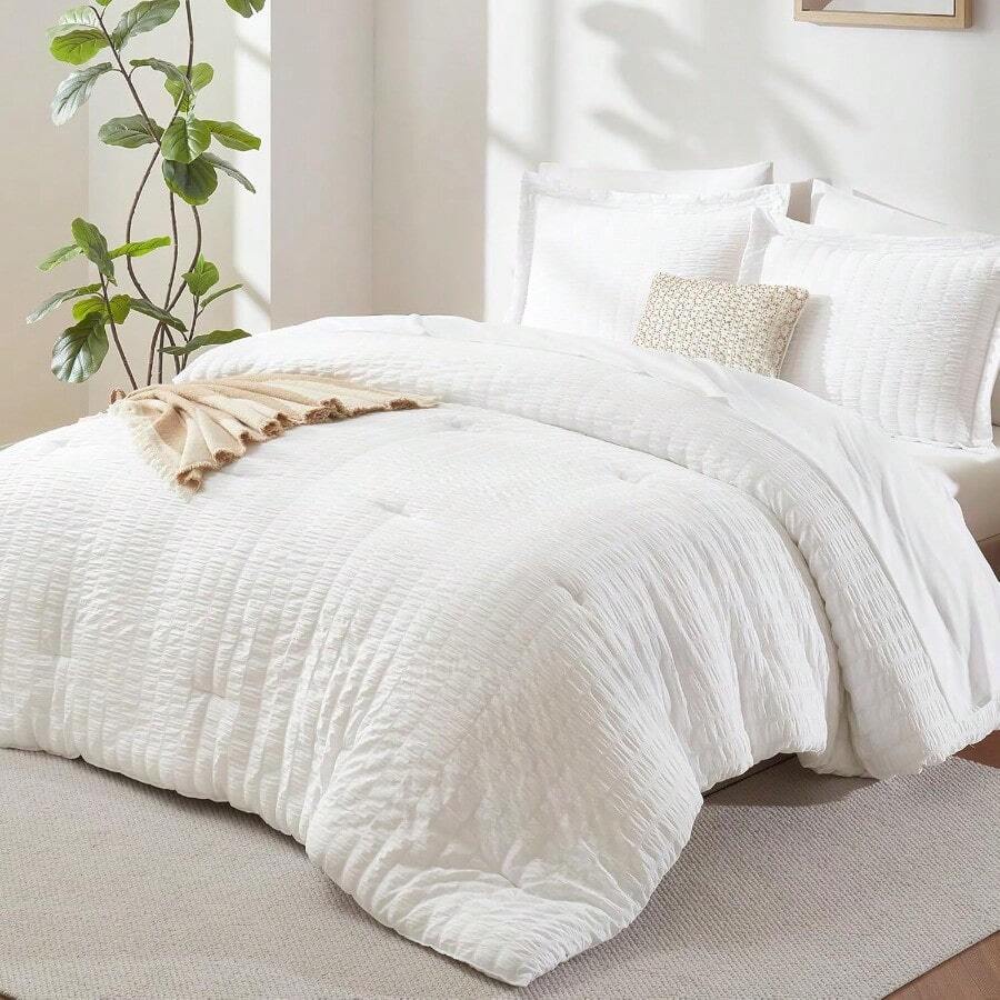 Queen Comforter Set White Seersucker 7 Pieces Bed In A Bag Queen Comforter Set With Sheets Luxury Soft Bedding Set With Down Alternative Comforter Sheets Pillowcases And Shams For All Seasons - 白色+皇后 - 查看 1