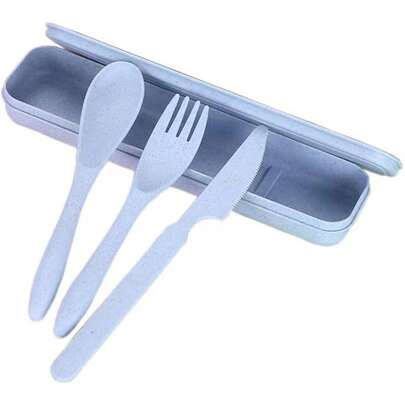 Juego de Utensilios de Viaje, Cubiertos de Paja de Trigo, Tenedor Reutilizable, Cuchara, Cuchillo a Prueba de Arañazos con Caja para Picnic para la Escuela (Azul)