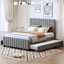 Upholstered Bed With Pull-Out Bed, Velvet Fabric Children's Bed, Youth Bed, Guest Bed, Flat Single Bed For Bedroom And Guest Room Without Mattress - 深灰色 - 查看 2