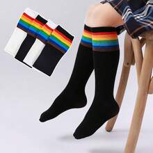 Calcetines de becerro con rayas de color para nias, estilo campus, calcetines elsticos para la rodilla, calcetines transpirables para nias y hermanas - Blanco - Ver 8