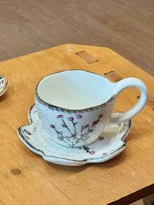 一套花卉图案陶瓷咖啡杯碟，复古别致不对称陶瓷杯碟，咖啡杯碟套装，高品质家用早餐牛奶杯，水杯，少女风办公水杯，咖啡杯，礼品杯 - 彩色 - 查看 14
