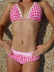 Women Halter Neck Triangle Bikini Sets Vintage Aesthetic Bathing Suits Summer Boy Shorts Swimsuit Y2k Swimwear - Red and White - View 3