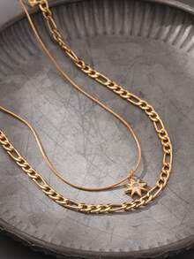 Nooxian Bộ 2 món trang sức vàng thời trang tối giản đính đá Cubic Zirconia hình ngôi sao, mặt dây chuyền nhiều lớp, quà tặng trang sức sang trọng cho nữ - Vàng - Xem 6