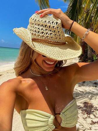 1 pieza Sombrero de paja de estilo panamá hecho a mano, sombrero de sol estilo bohemio para la playa, sombrero casual a prueba de viento, adecuado para vacaciones y viajes, color de la cuerda del ala aleatorio