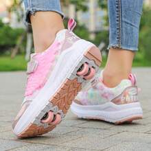 青少年可调节轮滑鞋，PU皮革鞋面，带魔术贴，4个轮子，轮子可拆卸可伸缩，直排轮滑鞋 - 粉色 - 查看 4