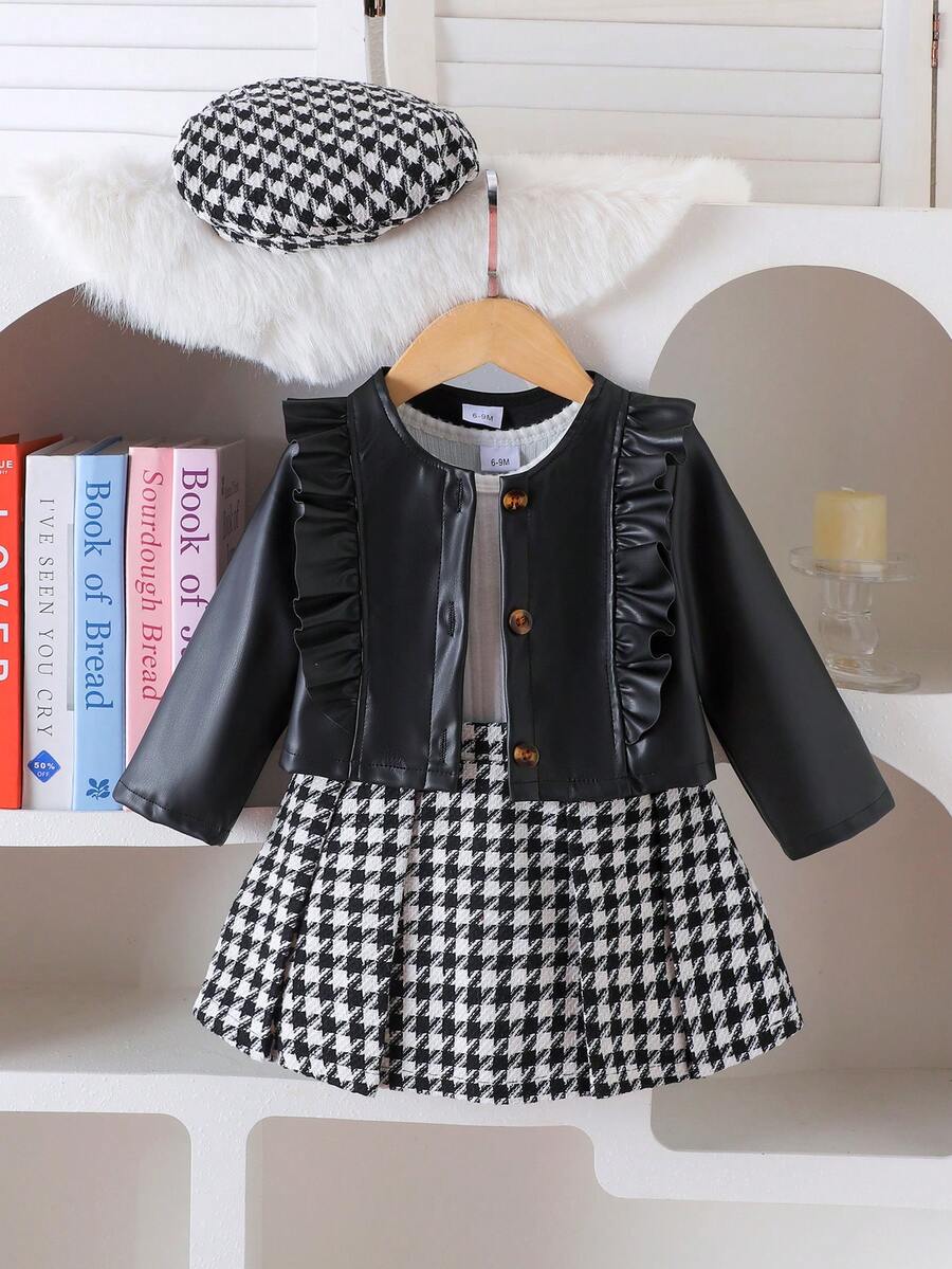 3pcs Infant/Toddler (Girl) Elegant Academy Style Outdoor Long Sleeve Jacket + Base Layer + Plaid Skirt Set, Medium-Thick Autumn/Winter - Black - View 1