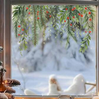 Fönsterklistermärken med färska gröna växter och röda bär, lätta klistermärken för vinrankor för heminredning i glas, varm och naturlig vinteratmosfär, självhäftande dekor med grenar och frukter, lätt att applicera och ta bort