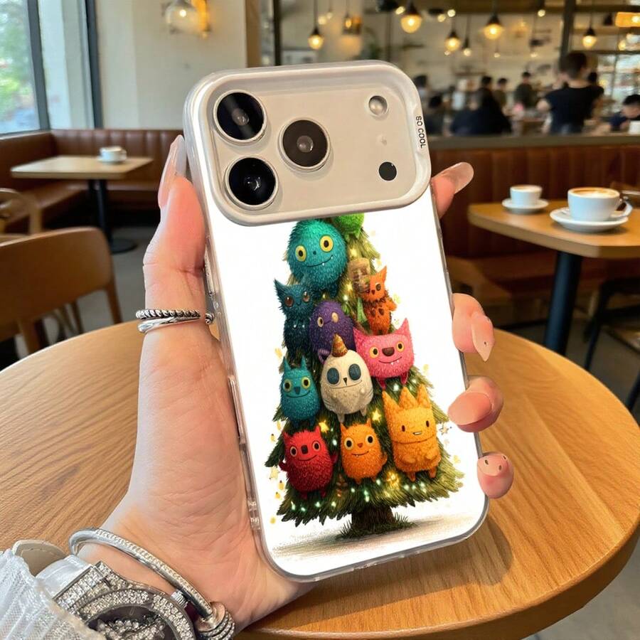 Funda para teléfono Árbol de Navidad Blanco con Diseño de Gatos Coloridos y Búho para iPhone 14 13 12 11 Pro Max y Galaxy S23 S22 S21 S20 Regalo Ideal para Todas las Estaciones - Negro - Ver 1