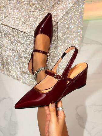 Women's Burgundy Pointed Toe One-Strap Wedge Heel Pumps, New Versatile French Pointed Toe Open Back High Heel Sandals