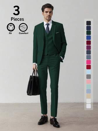 Men's 3-Piece Slim Fit Dark Green Suit Set 2 Buttons Blazer Jacket Vest Pants Wedding Dress Tux And Trousers Blazer Vest Pants Concert Graduation Season Size XS-3XL