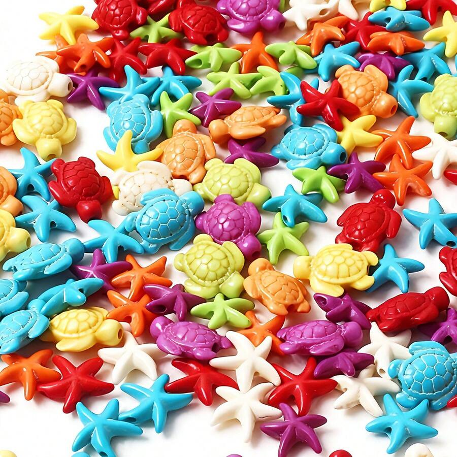 50件/套彩色串珠配件，可爱海龟/星星形状散珠，手工DIY首饰制作材料，手链，项链，发饰，家居装饰，海滩主题派对和婚礼装饰，鱼缸和花瓶填充物，装饰珠子套装，多种颜色可选 - 彩色 - 查看 1