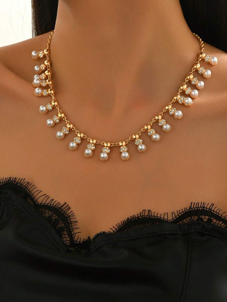 1pc Fashionable Elegant Rhinestone Alloy Accessory Choker Necklace, Suitable For Women To Wear Daily, Festivals, Parties, Weddings - Yellow Gold - View 1