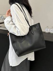 大容量女士时尚多功能单肩包，新款帆布手提包，时尚设计，适合上学、通勤和购物（不含吊坠） - 黑色 - 查看 7