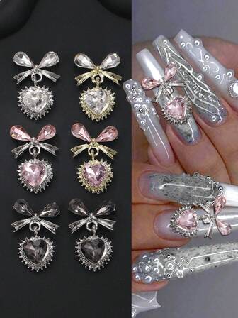 5-delars set med överdrivna 3D-rosett- och hjärthängen i nagelband, gjorda av guld- och silverlegering, hjärtformade ädelstenshängen lämpliga för gör-det-själv-nagelkonst, hantverk och nagelkonsttillbehör