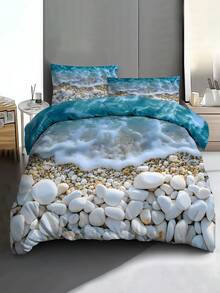 3 Pieces Of Refreshing Seaside Breeze, Wave Pebble Soothing Relaxation Feeling Bedding Set, Including Bedspread Set, Bedspread Set, Bedspread Set, Bedding Set (1 Bedspread + 2 Pillowcases Without Pillow Cores), Suitable For Teenagers And Adults, Suitable For All Seasons For Warmth, Soft And Breathable Lightweight Bedspread. Suitable As Gifts For Housewarming, Birthday, Festivals, Etc., As Well As For Exchanging Gifts Between Boyfriends And Girlfriends. - Multicolor - View 1