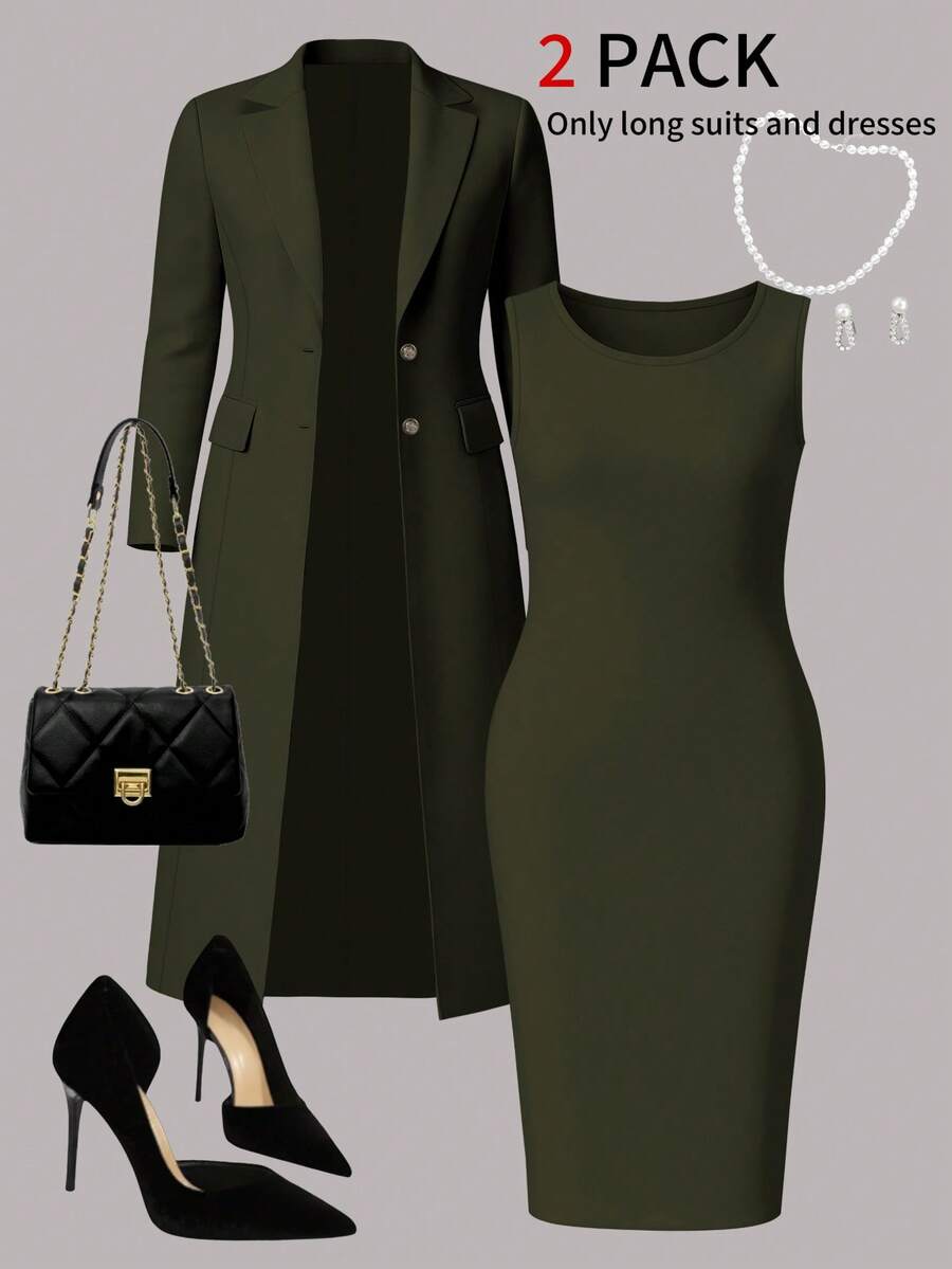Plus Size Women's New Elegant 2-Piece Set, Solid Color Minimalist Versatile Long Cardigan Jacket + Sleeveless Bodycon Midi Dress, Suitable For Commuting And Daily Wear, Autumn/Winter Spring - Green 29 - View 1