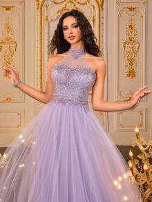 VIPGIRL New Purple Sequin Contrast Mesh Elegant Formal Evening Gown, Dignified And Leg-Lengthening - Purple - View 1