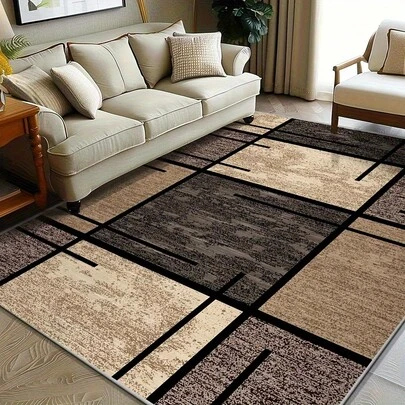 [Build] 7-Star Minimalist Velvet Rug - Upgraded Version, 1100 G/㎡, Machine Washable, Non-Slip Backing, Soft Abstract Geometric Patterns In Brown, Orange, Beige And White, Perfect For Living Room Or Bedroom Decor