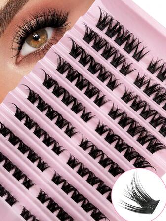 100 Pcs D Curl Cat Eye Lash 10 Rows Clusters Eyelash Extension Fluffy 10-14mm Mixed Left And Right Eyelashes Natural Look Curly Fox Eyes Effect DIY Eyelash Extension Winged Individual Lash Extensions Makeup Beauty Tool
