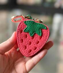 Strawberry Fruit Charm Coin Purse Cute Keychain Mini Pouch Wallet Gift For Girl Women Leather Keychain Holder Case Compatible With AirTag,Cute Air Tag Cover With Keychain Ring,GPS Tracker Case For Keys - 紅色 - 查看 2