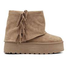 RevReaL Suede Platform Ankle Boots With Side Fringes – Chunky Sole Western Style Side Zip Festive - Khaki - View 1