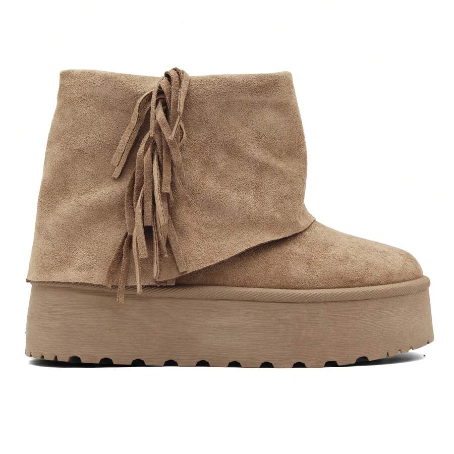 RevReaL Suede Platform Ankle Boots With Side Fringes – Chunky Sole Western Style Side Zip Festive - Khaki - View 1