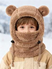 1Pc Toddler Winter Balaclava Hat - Bear Ear Fluffy Plush Hat Scarf Combo, Adjustable Drawstring Full Cover Kids Hat For Cold Weather Daily Wear & Travel - 1PC - View 15