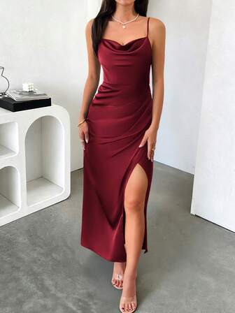 Vestido de verano para mujer Look Polly, vestido de seda maxi de unicolor, adecuado para bodas, otoño, vuelta al colegio y otras ocasiones, vestido de cóctel con hombros descubiertos, elegante y sexy vestido que revela las piernas, adecuado para la vuelta al colegio, citas, Navidad, Año Nuevo y otras ocasiones, así como un distintivo vestido de novia largo rojo.