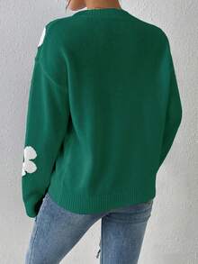 Women's Fashion Striped Floral Knit Pullover Sweater - Green - View 7