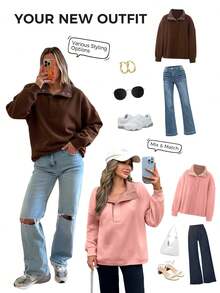 Women's Oversized Sweatshirt Snap Stand Collar Long Sleeve Casual Pullover Fall Winter Christmas Gifts - 紅色 - 查看 5
