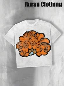 Y2K Curly Orange Hair Cartoon Tee (Cotton T-Shirt) Men's Round Neck Pure Cotton Casual T-Shirt, Made Of High-Quality Cotton, Loose Style, Versatile, Unisex, Suitable For Vacation Travel! - 白色3 - 查看 2