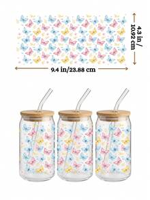 Bộ 4 miếng dán cốc UV hình bướm thẩm mỹ cho lon thủy tinh 16oz, miếng dán chuyển hình bướm bay màu hồng nhạt, xanh lam vàng, miếng dán chống thấm nước tự làm mùa xuân (9,4x4,3in) - Bướm màu phấn - Xem 4