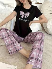 2pcs Black Short Sleeve Printed Top + Plaid Pants Pajama Set For Women - Black - View 6