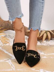 Women's Black Pointed Toe Mule Shoes With Metal Chain Buckle, Open Toe Loafers, Suede Fabric, Elegant Office Wear, Versatile Backless Flat Slip-On Shoes For Spring & Autumn - Black - View 6