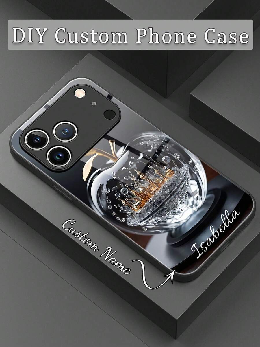 1pc Customized Name, Premium Apple Design, TPU Soft Bumper + Tempered Glass Back Phone Case Compatible With Samsung S24 Ultra/S25 Ultra And Apple 17 Pro Max/16 Pro Max/15 Pro/14 Plus/13 Pro/12 Pro Max/11/Xs Max/8/7/6 Plus Smartphone Accessories - Black - View 1